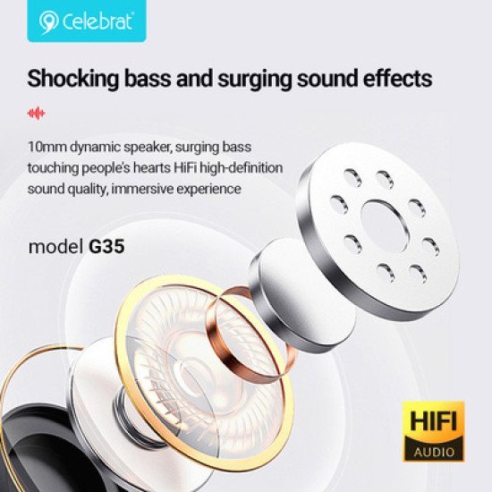 Celebrat Earphones Με Μικρόφωνο G35, 3.5Mm Σύνδεση, 10Mm, 1.2M, Λευκά