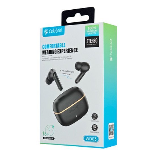 Celebrat Earphones Με Θήκη Φόρτισης Wd03, True Wireless, 13Mm, 30/300Mah, Μαύρα Celebrat Earphones Με Θήκη Φόρτισης Wd03, True Wireless, 13Mm, 30/300Mah, Μαύρα