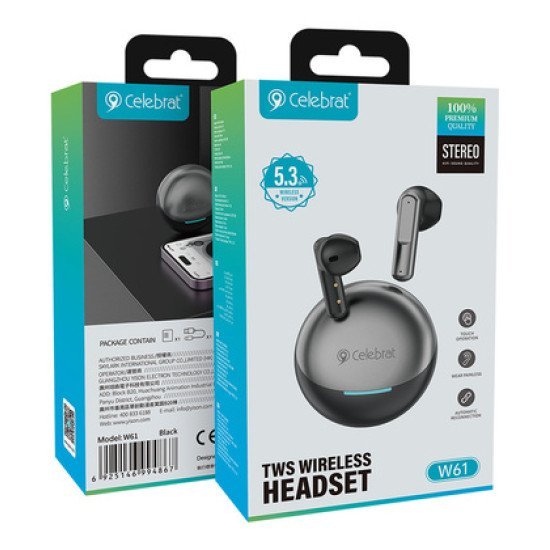 Celebrat Earphones Με Θήκη Φόρτισης W61, True Wireless, 13Mm, 25/200Mah, Μαύρα Celebrat Earphones Με Θήκη Φόρτισης W61, True Wireless, 13Mm, 25/200Mah, Μαύρα