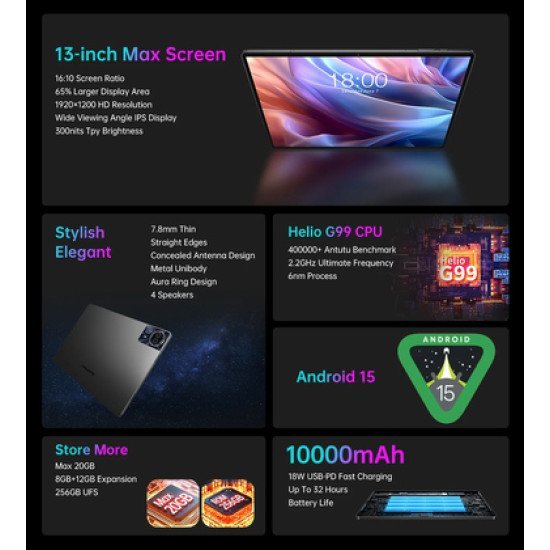 Teclast Tablet T65 Max, 13", 8/256Gb, 4G, Android 15, 10000Mah, Γκρι Teclast Tablet T65 Max, 13", 8/256Gb, 4G, Android 15, 10000Mah, Γκρι