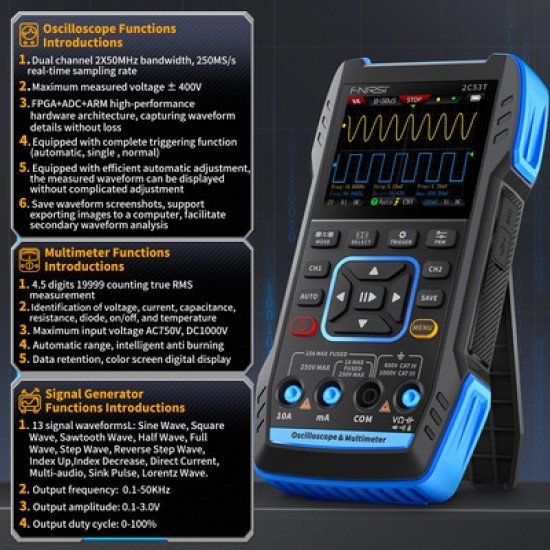 Fnirsi 3 Σε 1 Παλμογράφος/Πολύμετρο/Signal Generator Χειρός 2C53T, Επαναφορτιζόμενο Fnirsi 3 Σε 1 Παλμογράφος/Πολύμετρο/Signal Generator Χειρός 2C53T, Επαναφορτιζόμενο