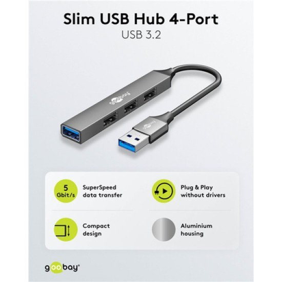 Goobay Usb Hub 74456, 4X Θυρών, Usb 3.2, 5Gbps, Usb Σύνδεση, Γκρι
