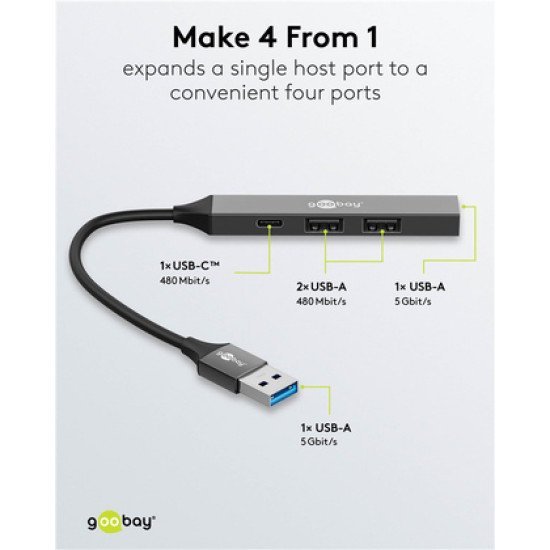 Goobay Usb Hub 74458, 4X Θυρών, Usb 3.2, 5Gbps, Usb Σύνδεση, Γκρι Goobay Usb Hub 74458, 4X Θυρών, Usb 3.2, 5Gbps, Usb Σύνδεση, Γκρι