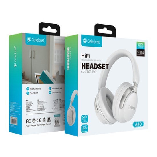Celebrat Headphones A40, Ασύρματα & Ενσύρματα, 40Mm, 250Mah, Λευκά Celebrat Headphones A40, Ασύρματα & Ενσύρματα, 40Mm, 250Mah, Λευκά