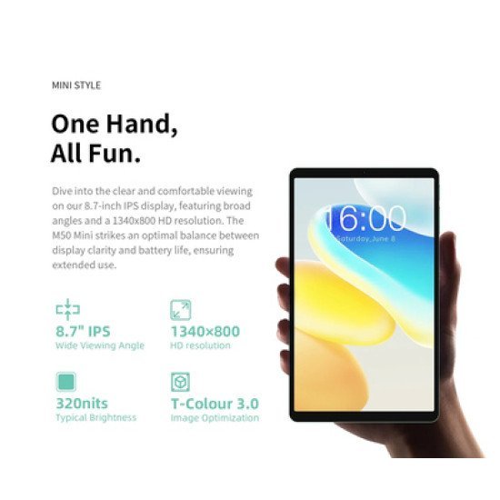 Teclast Tablet M50 Mini Wifi, 8.7", 4/128Gb, Android 15, 5100Mah, Πράσινο Teclast Tablet M50 Mini Wifi, 8.7", 4/128Gb, Android 15, 5100Mah, Πράσινο