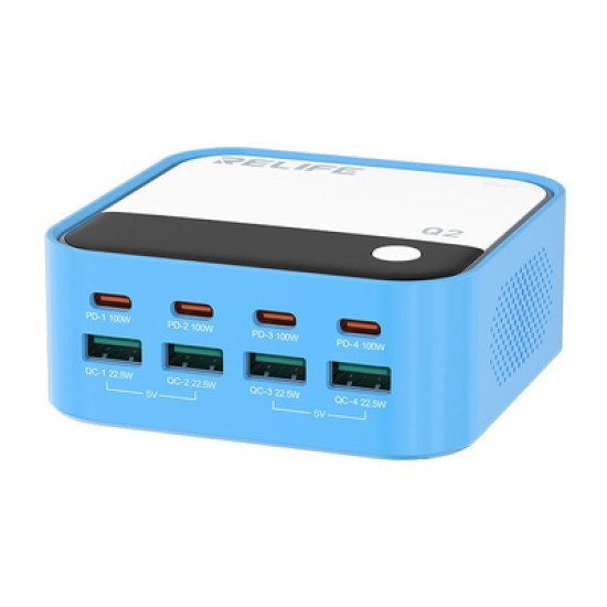 Relife Σταθμός Φόρτισης Q2, 4X Usb-C & 4X Usb, 120W, Gan, Μπλε Relife Σταθμός Φόρτισης Q2, 4X Usb-C & 4X Usb, 120W, Gan, Μπλε