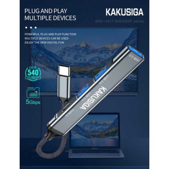 Kakusiga Usb Hub Ksc-1417, 4X Θυρών, Usb 3.0, 5Gbps, Usb-C Σύνδεση, Γκρι Kakusiga Usb Hub Ksc-1417, 4X Θυρών, Usb 3.0, 5Gbps, Usb-C Σύνδεση, Γκρι
