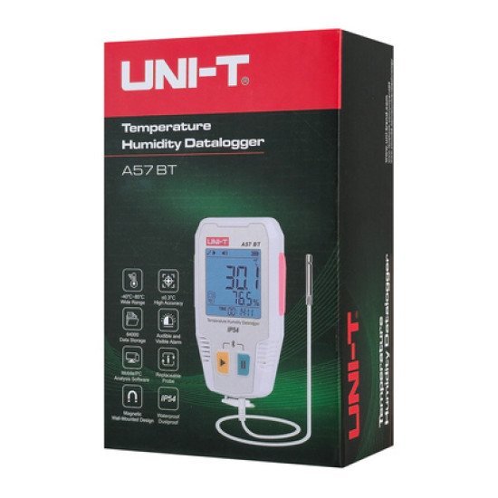 Uni-T Ψηφιακό Θερμόμετρο & Υγρασιόμετρο A57 Bt, -40~85 °C, Bluetooth, Ip54 Uni-T Ψηφιακό Θερμόμετρο & Υγρασιόμετρο A57 Bt, -40~85 °C, Bluetooth, Ip54