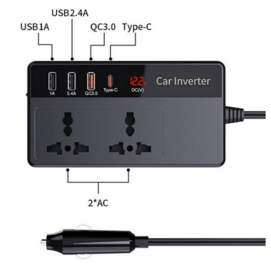 Powertech Inverter Αυτοκινήτου Ptl-023, 200W, 12V Dc Σε 220V Ac, Με Usb-C/3X Usb Powertech Inverter Αυτοκινήτου Ptl-023, 200W, 12V Dc Σε 220V Ac, Με Usb-C/3X Usb