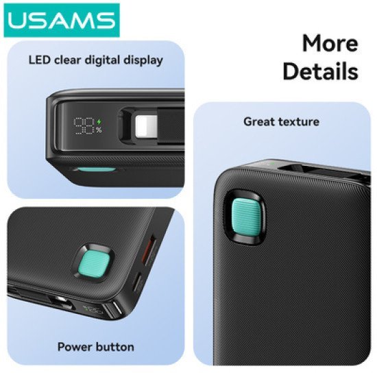 Usams Power Bank Cd225 Με Καλώδιο Lightning, 2X Θύρες Εξόδου, 10000Mah, 20W, Μαύρο Usams Power Bank Cd225 Με Καλώδιο Lightning, 2X Θύρες Εξόδου, 10000Mah, 20W, Μαύρο