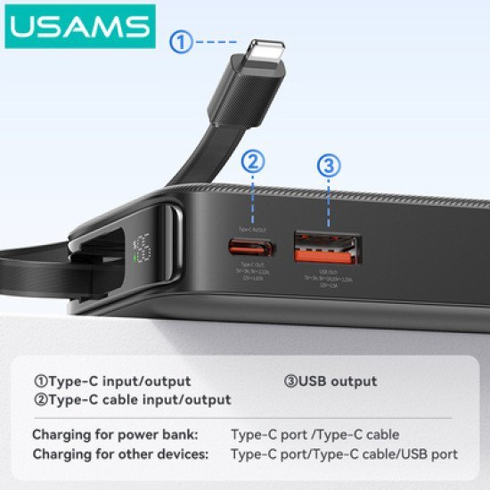 Usams Power Bank Cd225 Με Καλώδιο Lightning, 2X Θύρες Εξόδου, 10000Mah, 20W, Λευκό Usams Power Bank Cd225 Με Καλώδιο Lightning, 2X Θύρες Εξόδου, 10000Mah, 20W, Λευκό