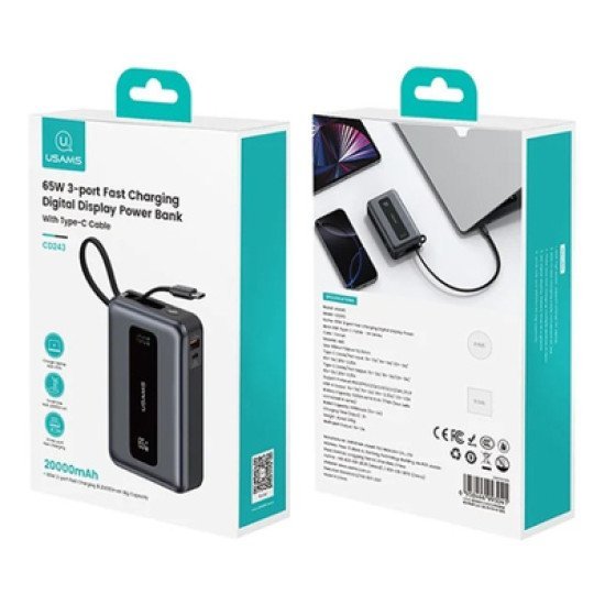 Usams Power Bank Cd243 Με Καλώδιο Usb-C, 2X Θύρες Εξόδου, 20000Mah, 65W, Γκρι Usams Power Bank Cd243 Με Καλώδιο Usb-C, 2X Θύρες Εξόδου, 20000Mah, 65W, Γκρι
