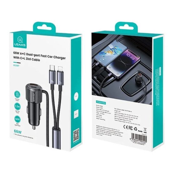 Usams Φορτιστής Αυτοκινήτου Cc287 Με 2 Σε 1 Καλώδιο, Usb/Usb-C Θύρες, 66W, Μαύρος Usams Φορτιστής Αυτοκινήτου Cc287 Με 2 Σε 1 Καλώδιο, Usb/Usb-C Θύρες, 66W, Μαύρος