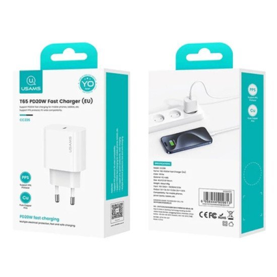 Usams Φορτιστής Τοίχου Cc226, Usb-C, 20W, Λευκός Usams Φορτιστής Τοίχου Cc226, Usb-C, 20W, Λευκός