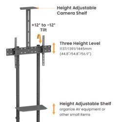 Brateck Βάση Τηλεόρασης Δαπέδου T1042T, 37-70", Έως 45Kg, Με Ράφια & Ροδάκια