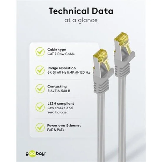 Goobay Καλώδιο Δικτύου 91594, Cat 7 S/Ftp, Copper, 500Mhz, 1.5M, Γκρι Goobay Καλώδιο Δικτύου 91594, Cat 7 S/Ftp, Copper, 500Mhz, 1.5M, Γκρι