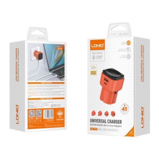 Ldnio Φορτιστής Τοίχου Q2420 Με Καλώδιο, Usb/Usb-C, 45W, Universal Πρίζα, Πορτοκαλί Ldnio Φορτιστής Τοίχου Q2420 Με Καλώδιο, Usb/Usb-C, 45W, Universal Πρίζα, Πορτοκαλί