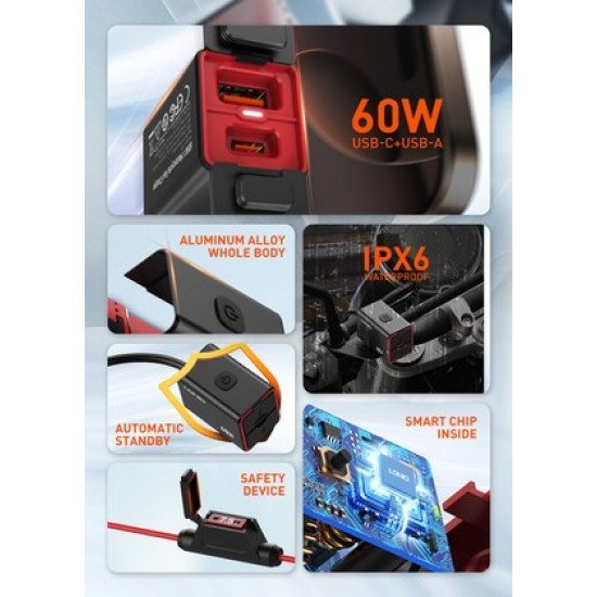 Ldnio Φορτιστής Μοτοσυκλέτας C108 Με Καλώδιο, Usb/Usb-C, 60W, Μαύρος Ldnio Φορτιστής Μοτοσυκλέτας C108 Με Καλώδιο, Usb/Usb-C, 60W, Μαύρος