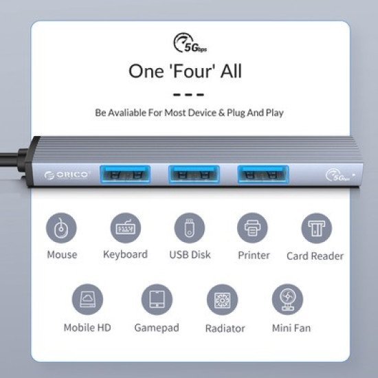 Orico Usb Hub Ah-13, 4X Θυρών, Usb 3.0, 5Gbps, Usb-C Σύνδεση, Γκρι Orico Usb Hub Ah-13, 4X Θυρών, Usb 3.0, 5Gbps, Usb-C Σύνδεση, Γκρι