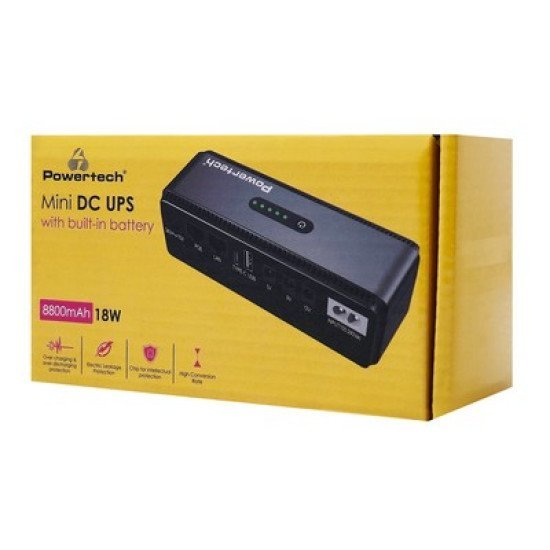 Powertech Mini Dc Ups Pt-1436, 18W, 8800Mah, 3X Dc, Usb/Usb-C/Lan/Poe, Μαύρο Powertech Mini Dc Ups Pt-1436, 18W, 8800Mah, 3X Dc, Usb/Usb-C/Lan/Poe, Μαύρο