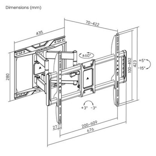 Powertech Επιτοίχια Βάση Τηλεόρασης Pt-1423, 37-90", 75Kg, Heavy Duty, Full Motion Powertech Επιτοίχια Βάση Τηλεόρασης Pt-1423, 37-90", 75Kg, Heavy Duty, Full Motion