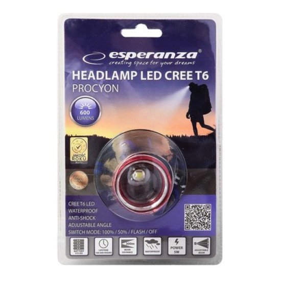 Esperanza Φακός Κεφαλής Led Eot001, 600Lm, Zoom, Μαύρος/Κόκκινος