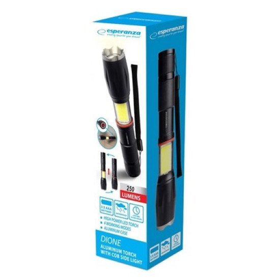 Esperanza Φορητός Φακός Led Eot070, 250Lm, Ipx3, Zoom, Με Μαγνήτη, Μαύρος
