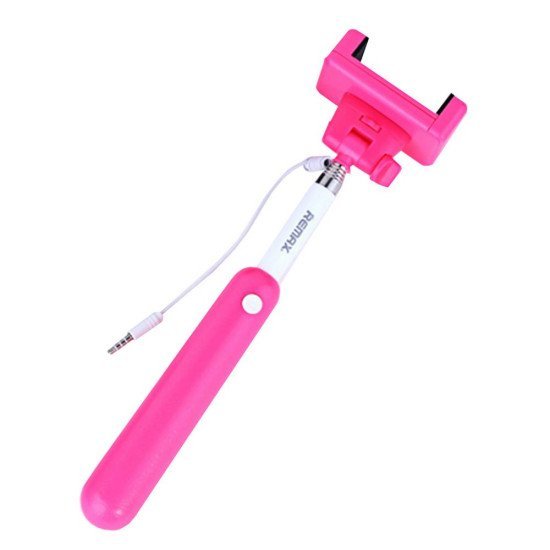 Selfie Stick Remax Πτυσσόμενο Ρόζ με Καλώδιο Jack 3.5mm (Μήκος Κονταριού 23cm, Μήκος Ανοίγματος 90cm)