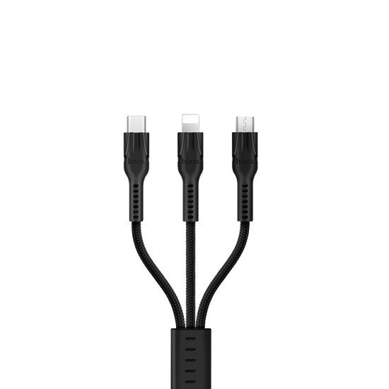 Καλώδιο σύνδεσης Hoco U31 Benay Braided με Νάυλον Κορδόνι 3 σε 1 USB σε Micro-USB, Lightning, USB-C Μαύρο 1,2m