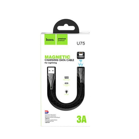 Καλώδιο σύνδεσης Hoco U75 Magnetic USB σε Lightning 3.0A με Μαγνητικό Αποσπώμενο Βύσμα και LED Ένδειξη Μαύρο 1.2m