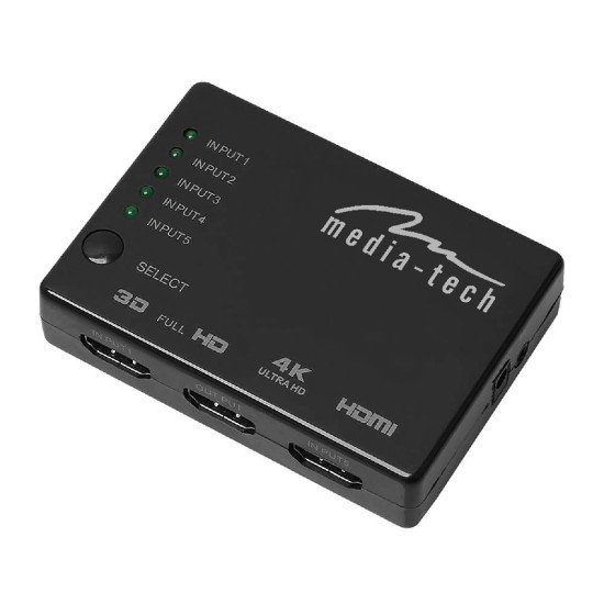 HDMI Switch Media-Tech MT5207 5 θέσεων με υποστήριξη ανάλυσης 4K και Τηλεχειριστήριο. Μαύρο