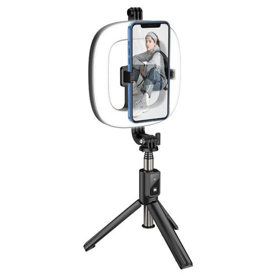 Βάση Στήριξης και Selfie Stick Hoco LV03 Plus 360ᵒ για Συσκευές 4.7"-6.7" με LED Φωτισμό και Τηλεχειριστήριο Μαύρη