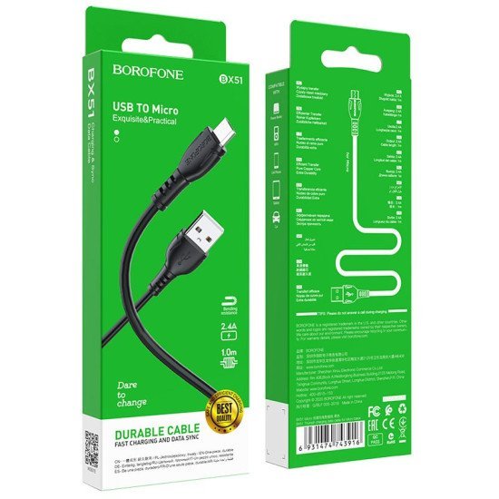 Καλώδιο σύνδεσης Borofone BX51 Triumph USB σε Micro-USB 2.4A 1μ Μαύρο