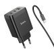 Φορτιστής Ταξιδίου Hoco N18 Phenomenon Fast Charging 65W 2xUSB-C USB 5V/3A με Αποσπώμενο Καλώδιο USB-C 1μ Μαύρος GaN Tech