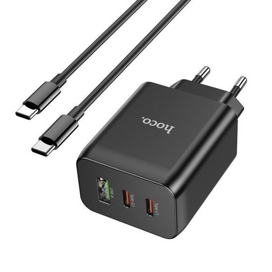 Φορτιστής Ταξιδίου Hoco N18 Phenomenon Fast Charging 65W 2xUSB-C USB 5V/3A με Αποσπώμενο Καλώδιο USB-C 1μ Μαύρος GaN Tech