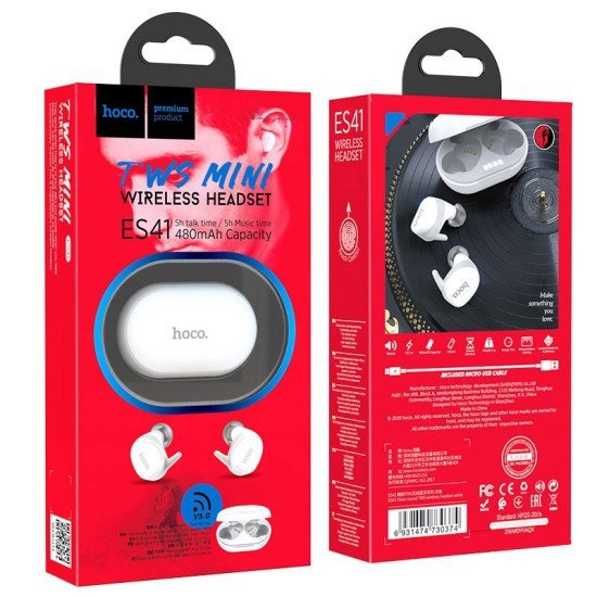 Wireless Hands Free Hoco ES41 Clear TWS V5.0 Εναλλαγή Master/Slave 480mAh 5h Ομιλία - Αναπαραγωγή Λευκό