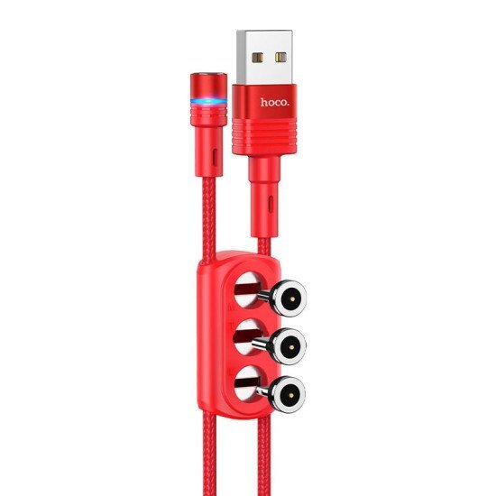 Καλώδιο σύνδεσης U98 Sunway 3 σε 1 Magnetic USB σε Micro-USB, Lightning, USB-C Braided 2.4A Κόκκινο 1,2 m