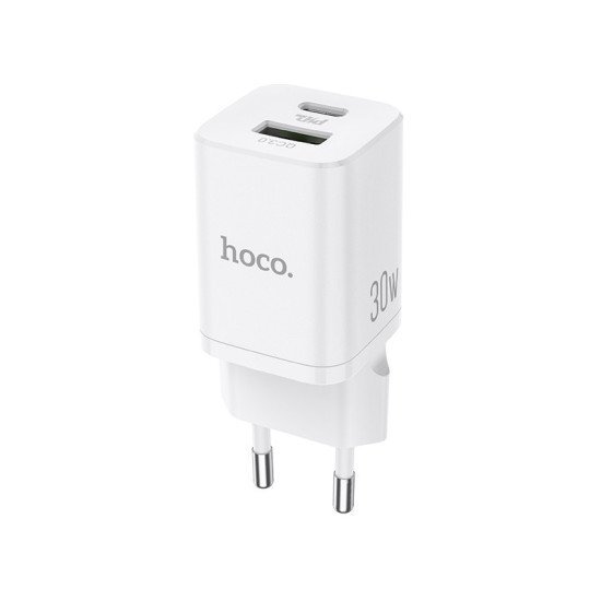 Φορτιστής Ταξιδίου Hoco N13 Bright Fast Charge PD30W, QC3.0 USB-C 30W USB-A 18W 5V/3A Λευκό