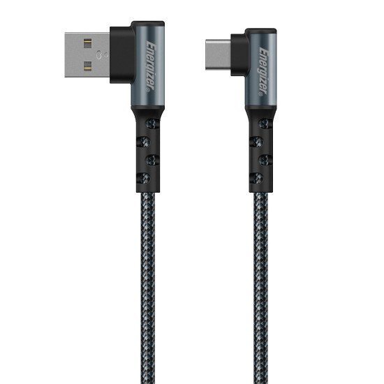 Καλώδιο σύνδεσης Energizer 90° Metal / Braided Nylon 2.0A  USB σε USB-C 2m  Μαύρο