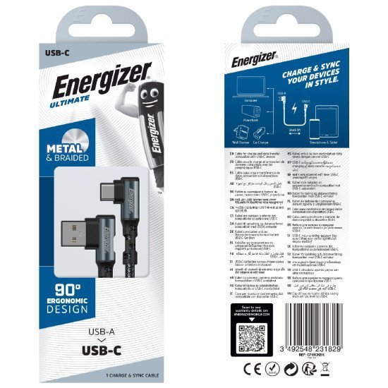 Καλώδιο σύνδεσης Energizer 90° Metal / Braided Nylon 2.0A  USB σε USB-C 2m  Μαύρο