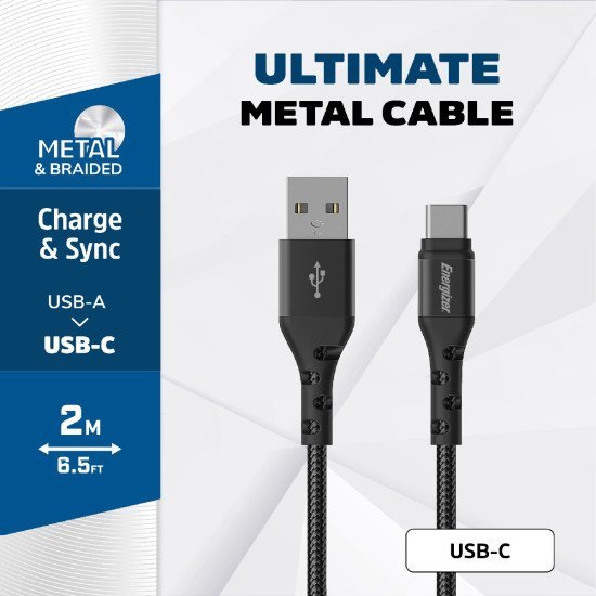 Καλώδιο σύνδεσης Energizer Metal / Braided Nylon σε USB-C 2m Μαύρο