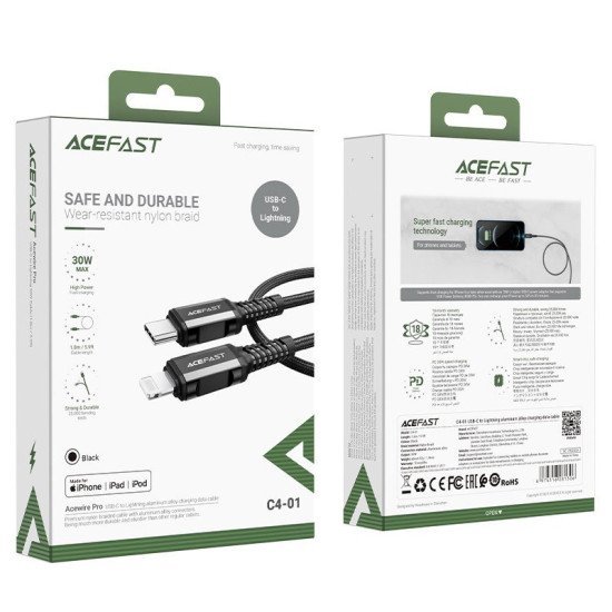 Καλώδιο σύνδεσης Acefast C4-01 USB-C σε Lightning Braided 3.0A 30W Apple Certified MFI 1.8m. Μαύρο