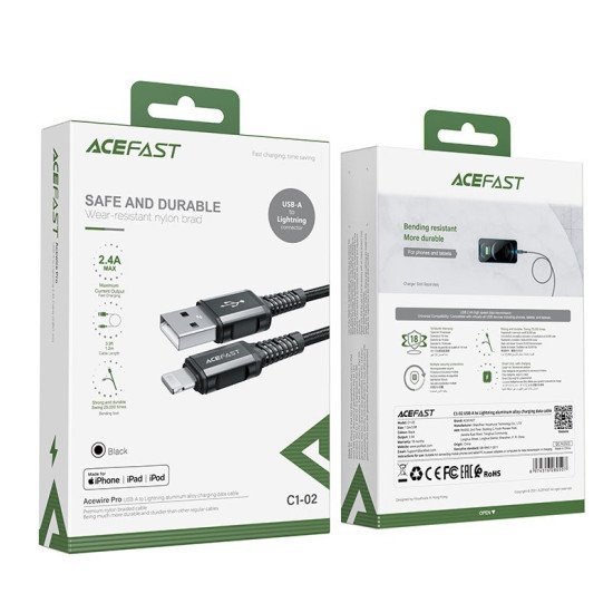 Καλώδιο σύνδεσης Acefast C1-02 USB-A σε Lightning Braided 2.4A Apple Certified MFI 1.2m Μαύρο