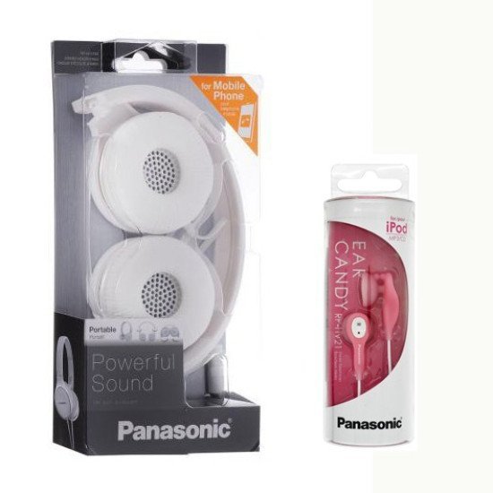 Ακουστικά Panasonic RP-HF100ME-W 3.5mm με Μικρόφωνο Άσπρα + Ακουστικά Panasonic RP-HV21E-P 3.5mm Ροζ με Κλιπ Χωρίς Μικρόφωνο