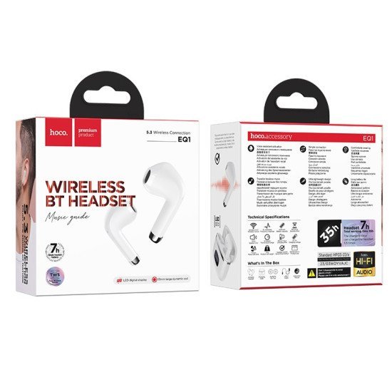 Wireless Hands Free Hoco EQ1 Music Guide TWS V5.3 με Πλήκτρο Ελέγχου Συμβατό με Siri και LED Ένδειξη Λευκά