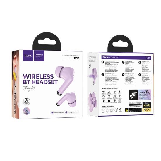 Wireless Headset Hoco EQ2 Thought TWS V5.3 με Πλήκτρο Ελέγχου Συμβατό με Siri και 7h Ώρες Λειτουργίας Μωβ