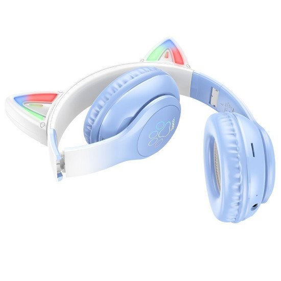 Wireless Ακουστικά Stereo Hoco W42 Cat Ears 400mAh Micro SD και AUX Crystal Blue