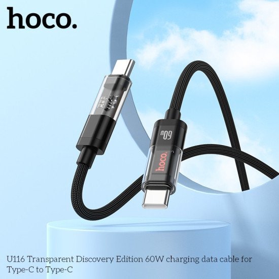 Καλώδιο σύνδεσης Hoco U116 Crystal Charging PD USB-C σε USB-C 60W 3.0A Μαύρο 1,2m